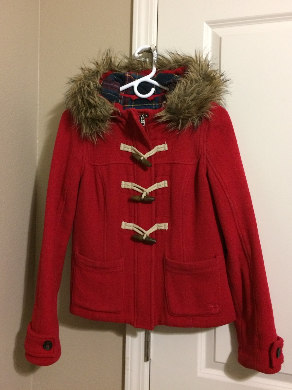 Abercrombie & Fitch Red Toggle Coat with Faux Fur Trim
